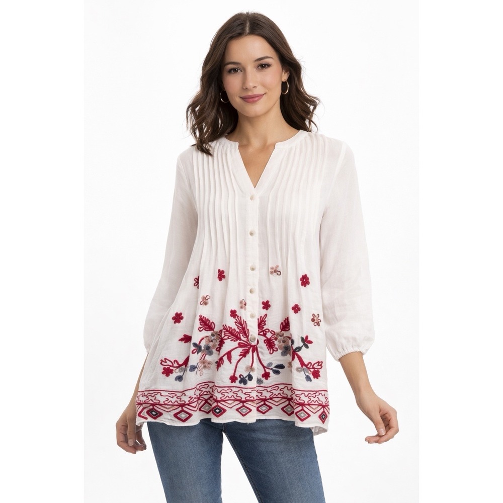 Anthropologie‎ Figueroa & Flower Embroidered Blouse L  Beige Boho Peasant